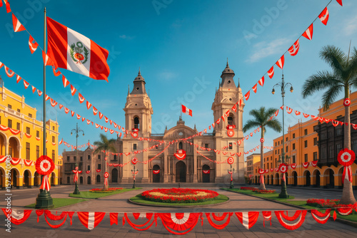 Main squares of Peru decorated for Independence Day – 28th of July patriotic celebration with Peruvian flags and festive red-white elements