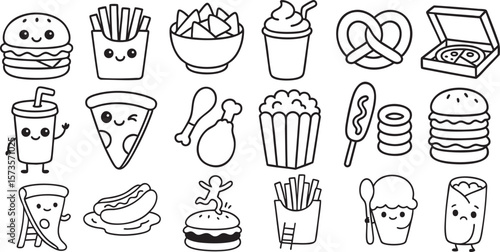 Cute Fast Food Characters in Fun Poses Black and White Line Art for Kids Coloring Book | Generative AI
