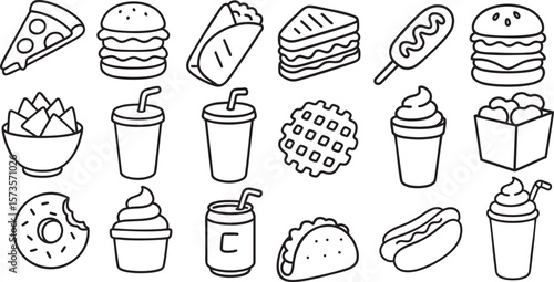 Cute Fast Food Characters in Fun Poses Black and White Line Art for Kids Coloring Book | Generative AI