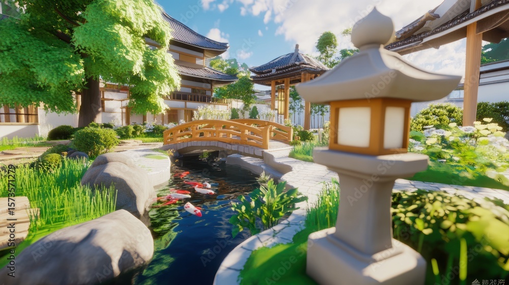 Obraz premium Peaceful Japanese garden with a small bridge over a stream. Lush greenery, stone landscaping, and a traditional lantern