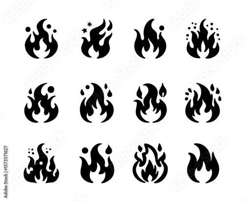 Set of stylized black flame icons, fire symbols, flame shape, bonfire, campfire.