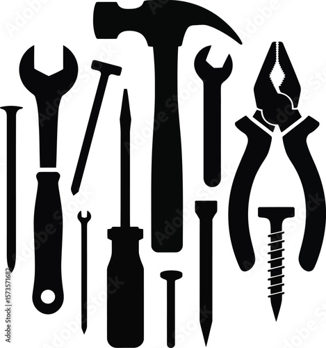 Collection of black silhouettes of various hand tools and fasteners on a white background