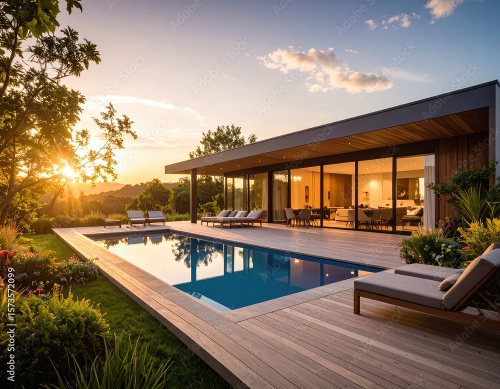 Fototapeta premium Modern home with pool at sunset