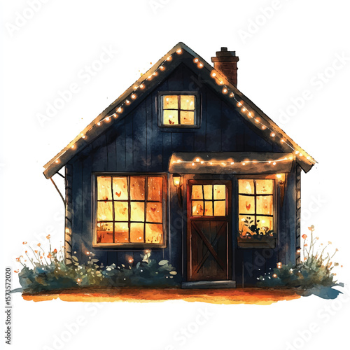 Cozy Watercolor Cottage Illuminated by Warm String Lights