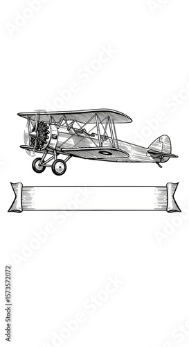 Vintage Airplane Illustration with Decorative Banner Label Isolated Black Background