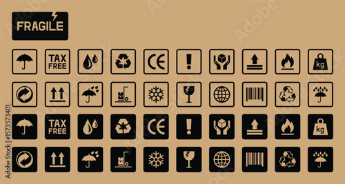 Fragile package icons set, handle with care logistics and delivery shipping labels vector illustration.