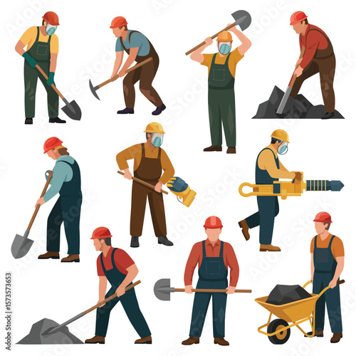 Miner Workers in Protective Gear with Tools