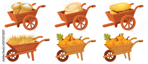 Wooden Wheelbarrows with Different Farm Harvests