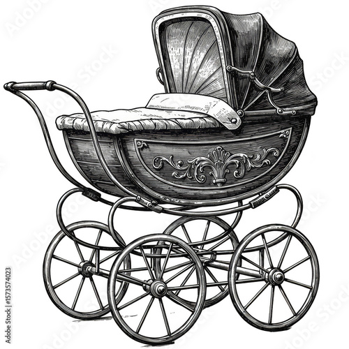 Vintage Illustration of a Baby Carriage Pram Transport Vehicle in Black