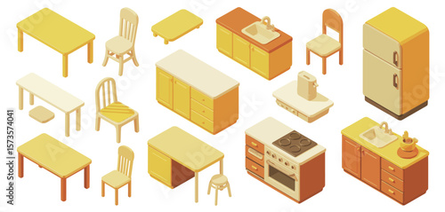 Cute Cartoon Kitchen Furniture in Isometric View