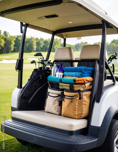 Golf cart loaded with clubs, towels, and bags, parked on a sunny golf course