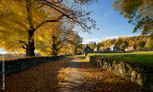Golden Autumn Road Leading to Quaint Village - Serene Foliage and Rustic Charm Landscape