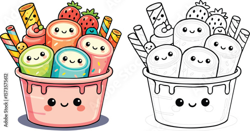 Cute Rolled Ice Cream Cup with Chocolate Sticks and Fruits Kawaii Dessert Vector Illustration for World Chocolate Day, Summer Treats, Sweet Food Art, and Kid Friendly Party Designs