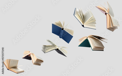Fotografía Hardcover books flying like birds against grey background