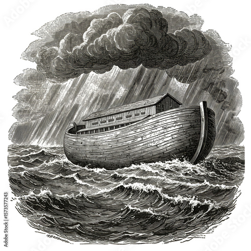 Vintage Illustration of Noah Ark in the Storm on the Sea with Big Waves