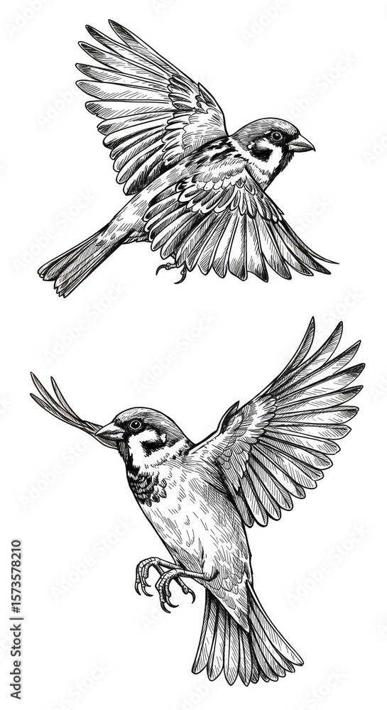 Fototapeta premium Illustration of Sparrows Flying With Wings Wildlife on Transparent