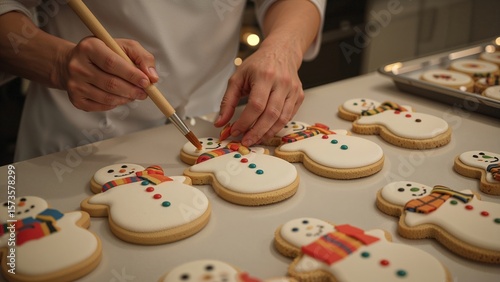 Decorating snowman cookies with colorful scarves and buttons using a fine brush