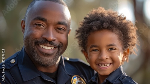 Smiling officer embraces child, warm light and depth of field