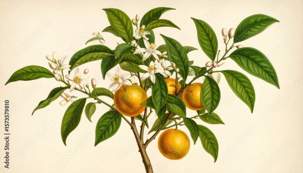 Orange tree branch with fruit and blossoms Orange tree branch with fruit and blossoms
