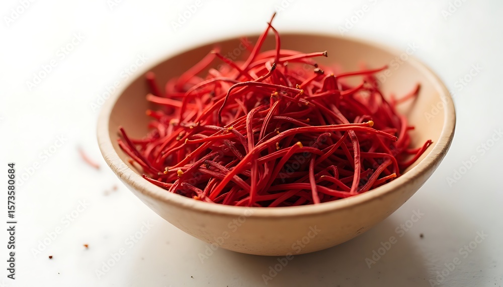 Fototapeta premium Close-up of threads of red saffron in small bowl on white surface.
