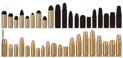 Collection of various caliber bullets and cartridges in ascending size order