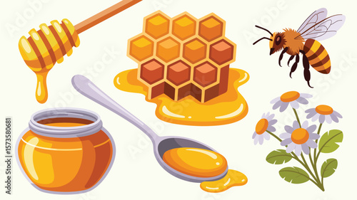 Sweet honey collection with bee honeycomb jar spoon and daisies