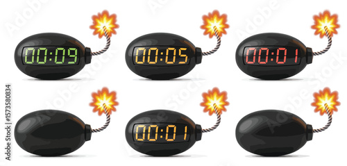 Exploding cartoon bombs with countdown timers showing decreasing time remaining