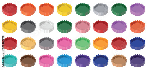 Collection of colorful plastic bottle caps arranged in a grid pattern on a white background
