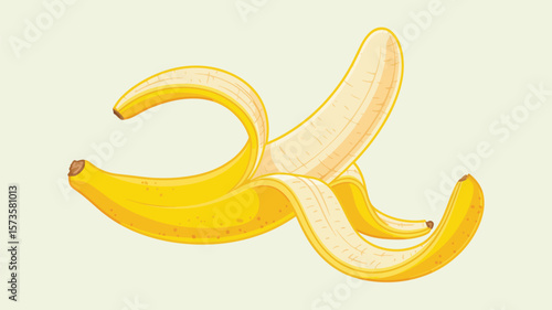 A bright yellow banana is partially peeled open against a pale background
