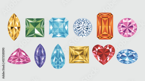 Collection of faceted gemstones in various shapes and colors on a light gray background