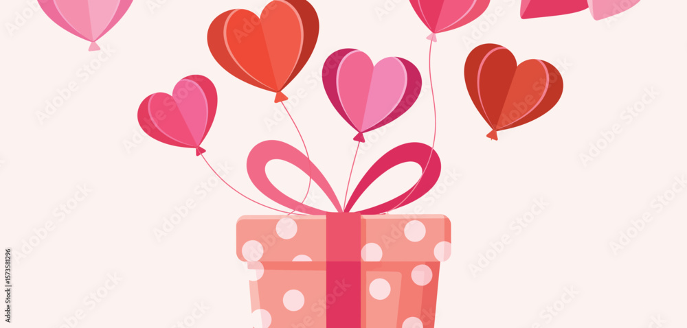 Pink and red heart shaped balloons floating above a polka dot gift box Pink and red heart shaped balloons floating above a polka dot gift box