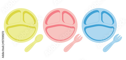 Three colorful divided plates with matching baby spoons and forks for toddlers