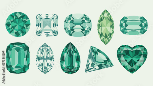 Collection of ten faceted green gemstones in various cuts on a light background
