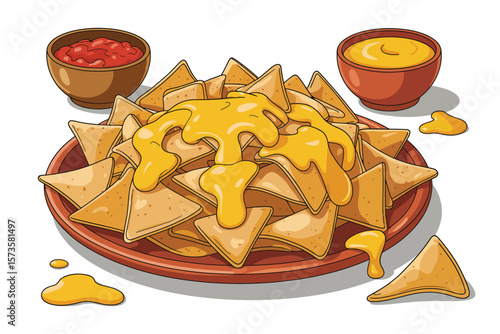 Delicious plate of nachos with melted cheese and dipping sauces on white background