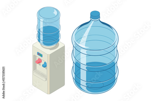 Isometric water cooler and large refillable water bottle with blue liquid