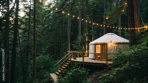 Fototapeta Naklejka Na Ścianę i Meble -  Cozy illuminated yurt nestled in a lush green forest with string lights overhead