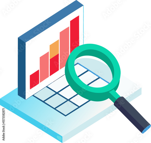 Isometric magnifying glass over spreadsheet, data analysis with white background.