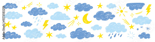 Cloud crayon texture star, moon set. Hand drawn crayon pencil stroke cloud, moon, sun weather shape with chalk texture. Sky elements for kid, baby, school background design. Vector illustration