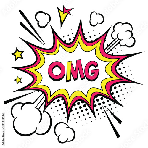 Dynamic comic book explosion with retro pop art style and omg text