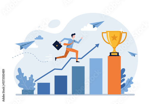 A determined businessman runs up a rising bar graph towards a golden trophy, symbolizing career success, growth, and achievement in a modern flat illustration.