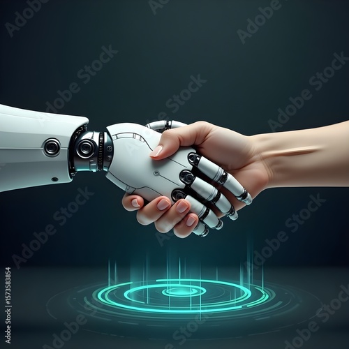 Robotic and human handshake over futuristic digital interface, representing AI and trust in finance
