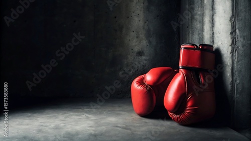 Pair of red boxing gloves leaning against a textured concrete wall