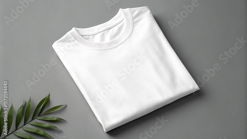 Clean white t shirt folded on a grey background with green leaf accent