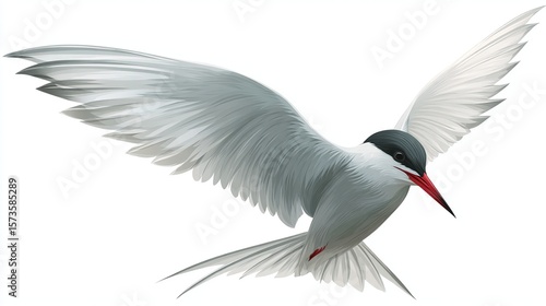 A graceful Arctic tern in flight, wings spread wide, showcasing its sleek grey and white plumage, black cap, and vibrant red bill against a stark white background