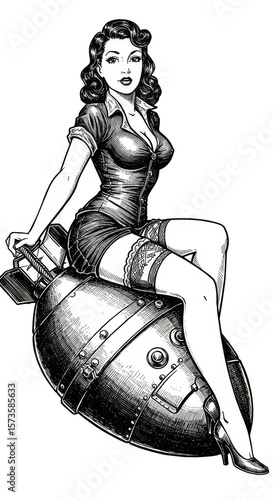 Vintage Pinup Illustration Woman in Dress Riding Bomb In Transparent