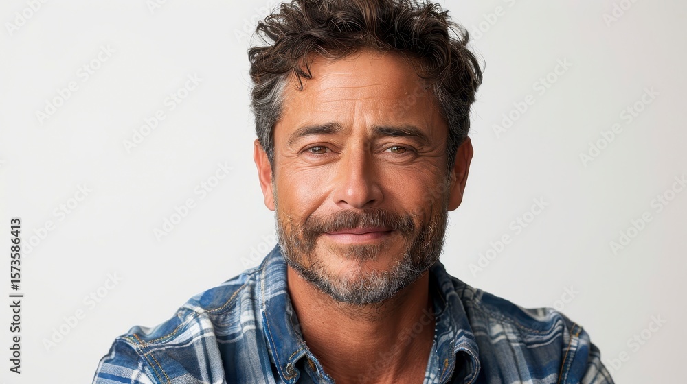 Obraz premium Smiling man in blue plaid shirt, short wavy graying hair, against a white backdrop