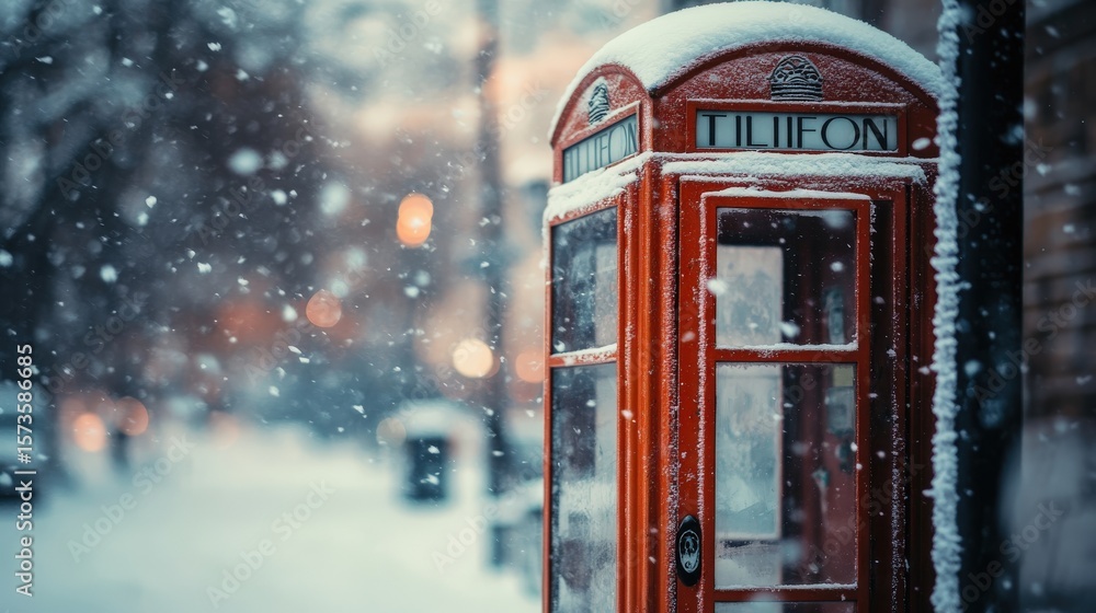 Fototapeta premium Red telephone booth covered in snow during a light snowfall.