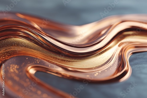 Modern Luxury. Abstract Copper Metal Fluid Texture with Golden Swirls and Vibrant Shimmering Curves