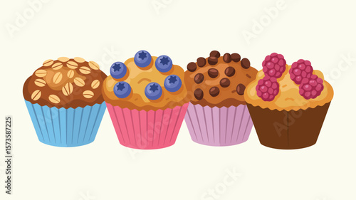 Four delicious and colorful muffins with assorted toppings in a row