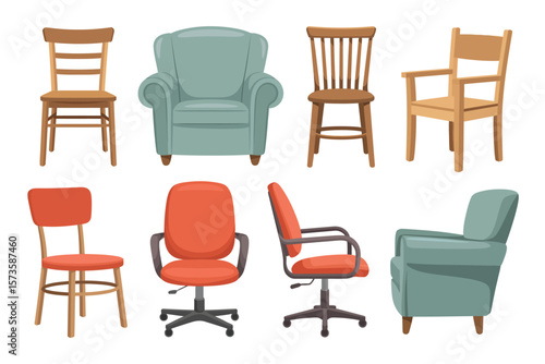 Collection of diverse chairs including armchairs and office chairs